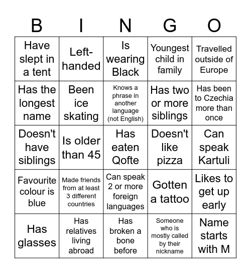 Participant bingo Card