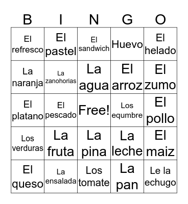 Foods in Spanish  Bingo Card