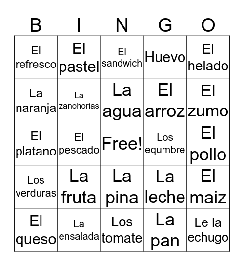 Foods in Spanish  Bingo Card