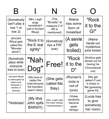 1st Hour Bingo Card