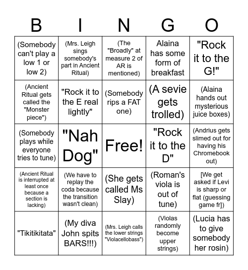 1st Hour Bingo Card