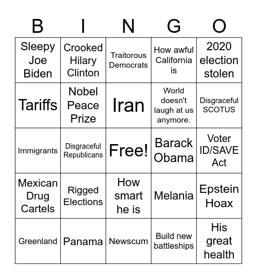 State of the Union Bingo Card