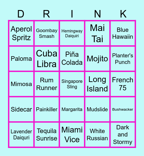 80s Cruise Cocktail Bingo Card