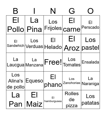 Esponal Comida Bingo Card