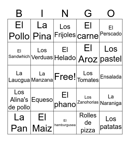 Esponal Comida Bingo Card