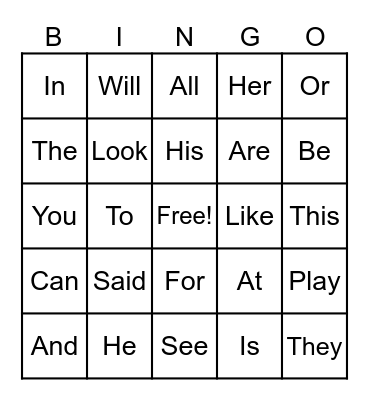 Sight words 1-25 Bingo Card