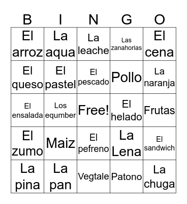 La comida  Bingo Card
