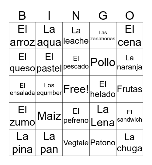 La comida  Bingo Card