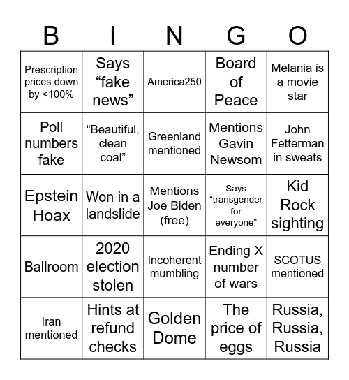 State of the Union Bingo Card