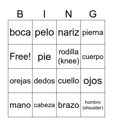 Partes Del Cuerpo Bingo Card