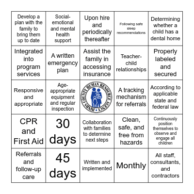 Health/Mental Health Standards Bingo Card