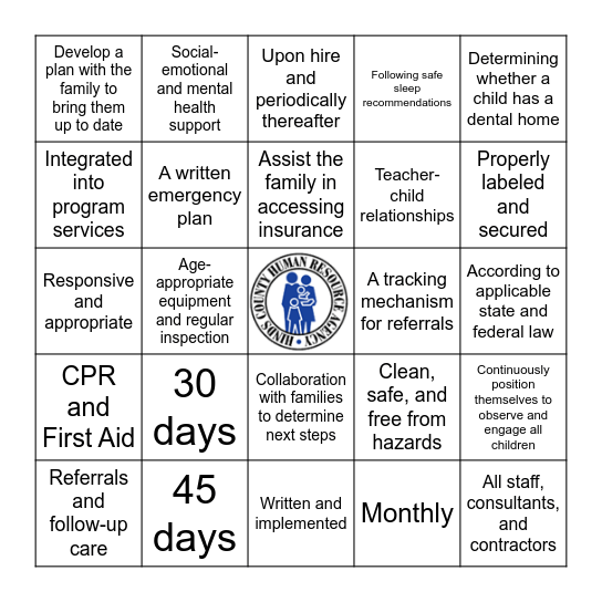 Health/Mental Health Standards Bingo Card