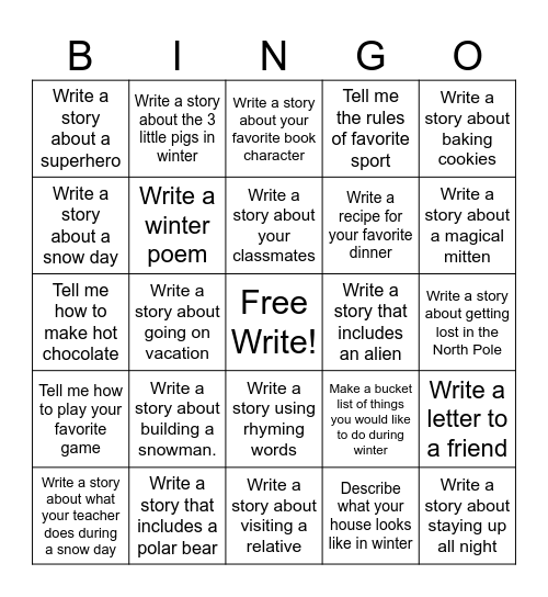 Winter Writing Bingo Card
