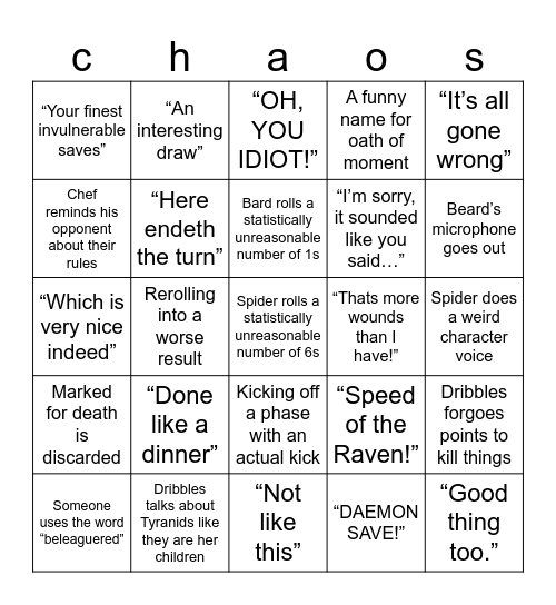 Tabletop Tactics Bingo Card