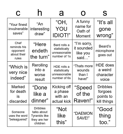 Tabletop Tactics Bingo Card