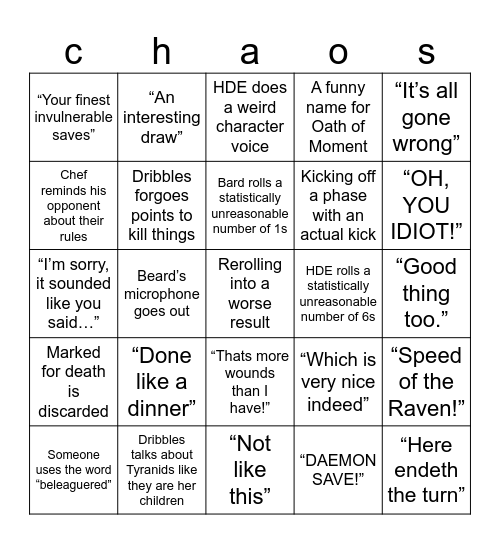 Tabletop Tactics Bingo Card