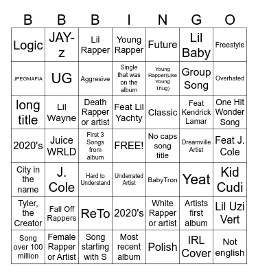 My playlist Bingo Card