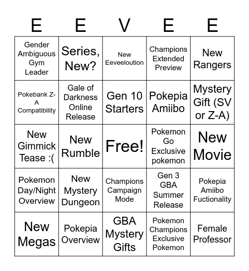 Pokemon Presents Bingo Card
