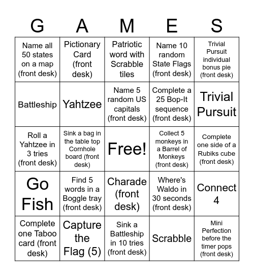 America At Play Bingo Card