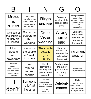 Sitcom Wedding Bingo Card
