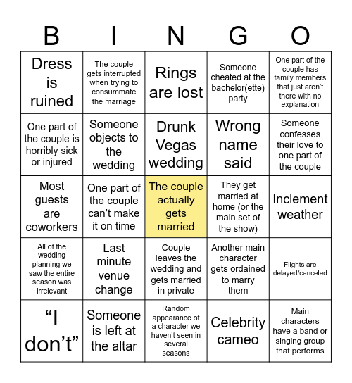 Sitcom Wedding Bingo Card