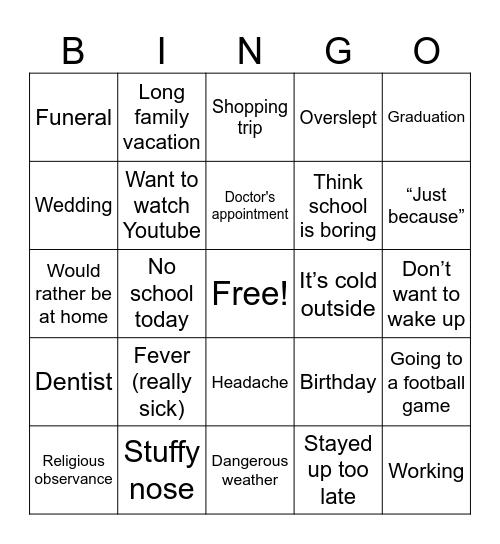 Excused vs Unexcused Absence Bingo Card