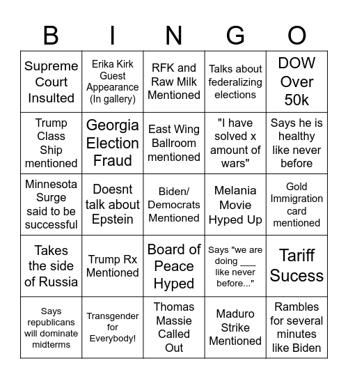 State of the Union Bingo Card