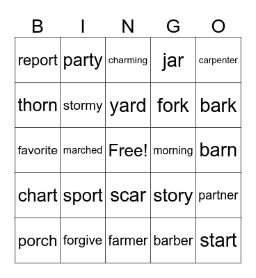 Words Containing "ar" and "or" Bingo Card