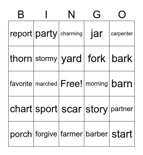 Words Containing "ar" and "or" Bingo Card
