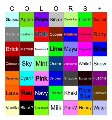 Colors (don't get mad) Bingo Card