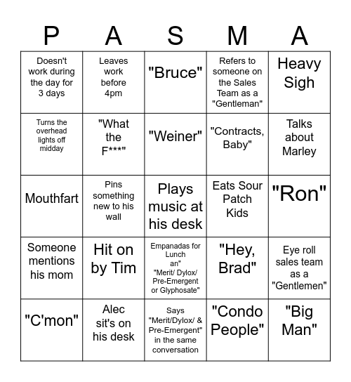 Pasma Bingo Card