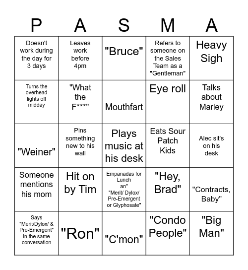 Pasma Bingo Card