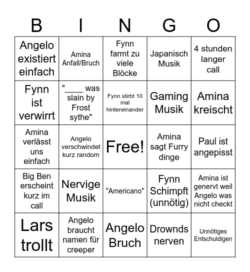 minecraft call Bingo Card