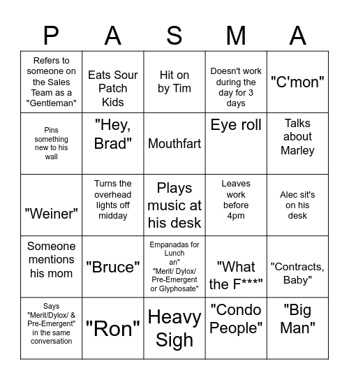 Pasma Bingo Card