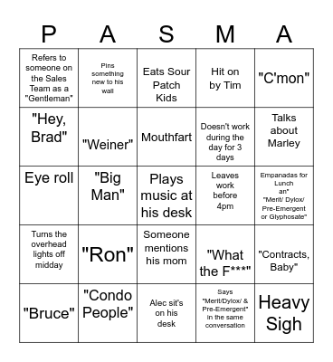 Pasma Bingo Card