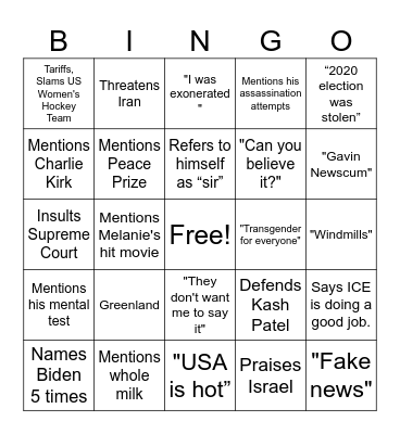 State of the Union Bingo Card