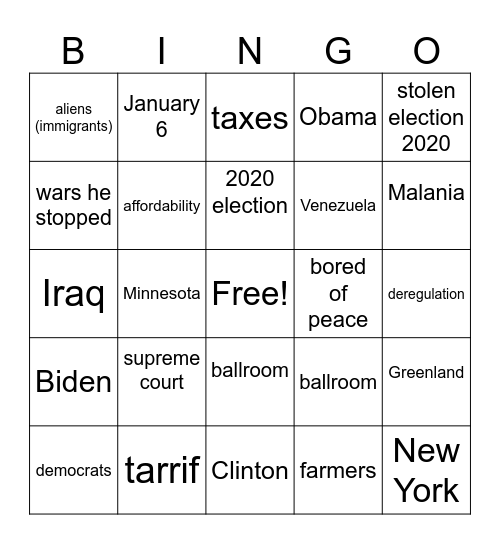 2026 state of union speech Bingo Card