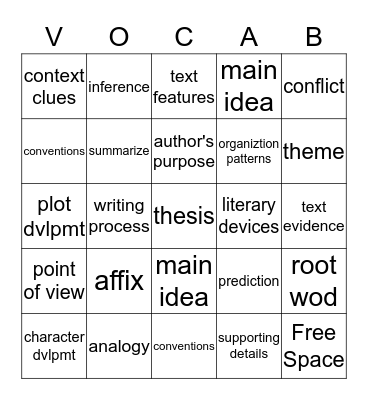 Priority Vocabulary Bingo Card