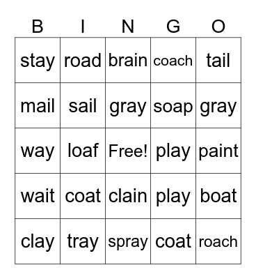 ai, ay, oa Bingo Card
