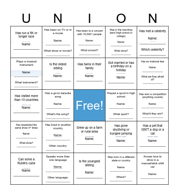 Union Bingo 2026 Bingo Card