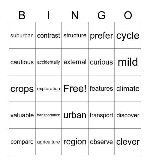Vocabulary Bingo Card