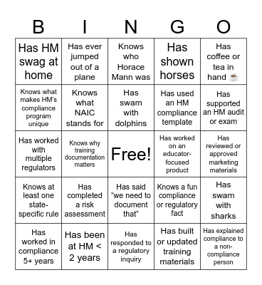🧩 Horace Mann Compliance Summit Human Bingo — Compliance & Regulatory Edition Bingo Card