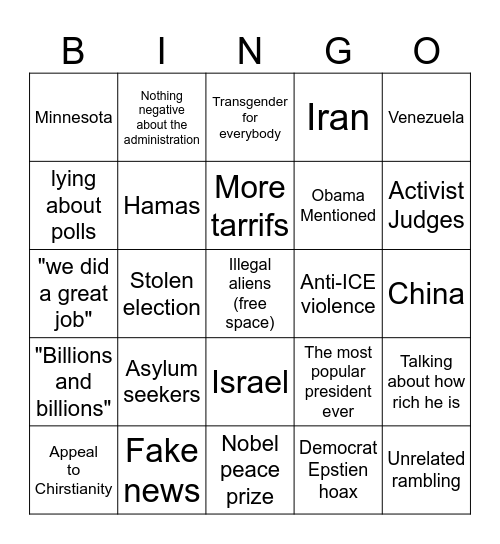 State of the Union Bingo Card