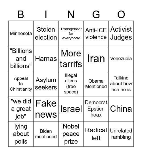 State of the Union Bingo Card