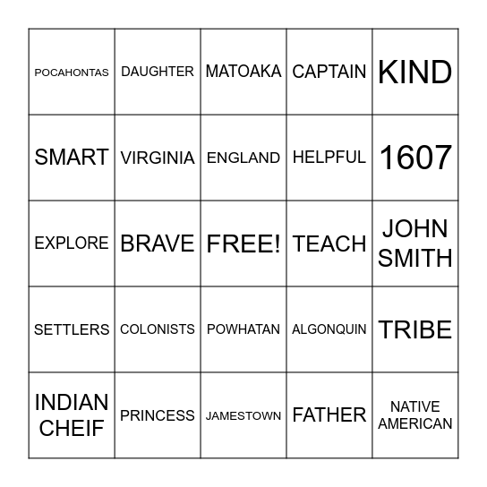 POCAHONTAS Bingo Card