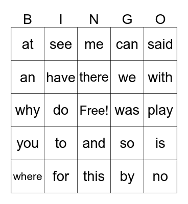 K High Frequency Words Bingo Card