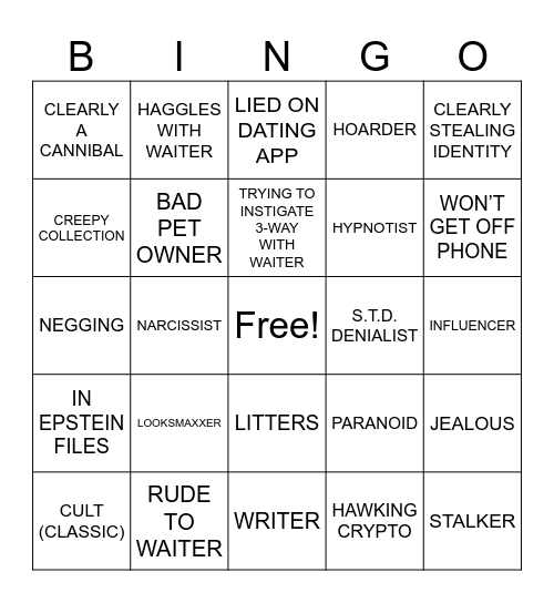 Bad Date Bingo Card