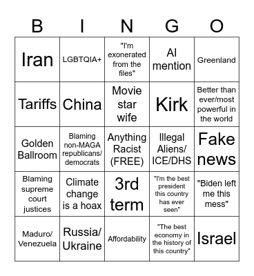 State of the union bingo Card
