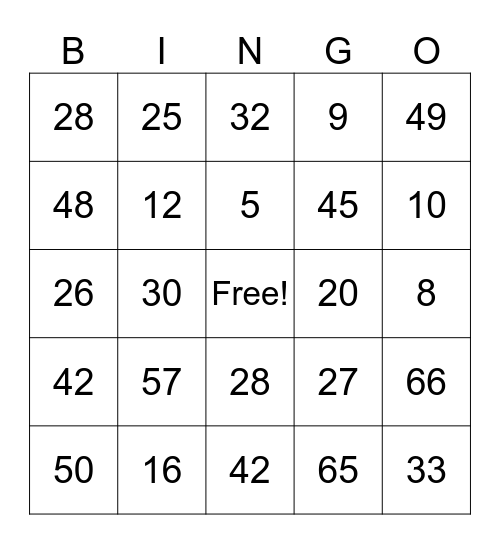Multiplication & Division Bingo Card