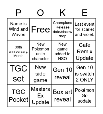 Pokémon Presents Bingo Card